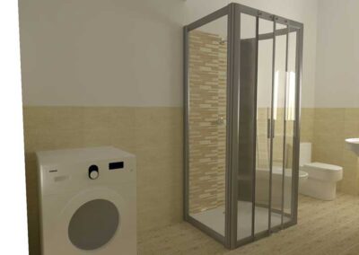 Render 3d della ristrutturazione bagno con box doccia e lavanderia