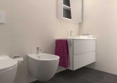 Render 3d della ristrutturazione bagno con piastrelle bianche