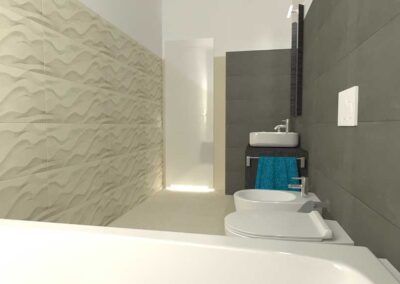 Render 3d della ristrutturazione bagno con piastrelle grige e sabbiate