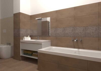 Render 3d della ristrutturazione bagno con piastrelle marroni e tortora