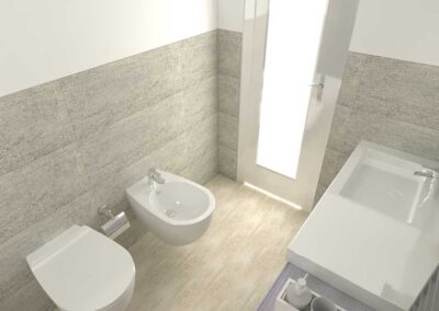 Render 3d della ristrutturazione bagno con piastrelle grigie e pavimento in laminato chiaro