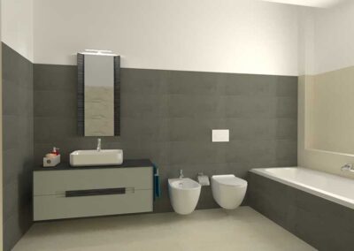 Render 3d della ristrutturazione bagno con piastrelle tortora e arredo