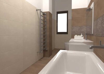 Render 3d della ristrutturazione bagno con vasca da bagno e termoarredi