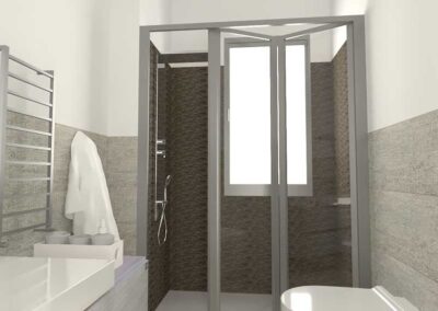 Render 3d della ristrutturazione bagno con grande doccia e termoarredi