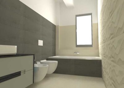 Render 3d della ristrutturazione bagno con piastrelle grigie e sabbia, con vasca da bagno in muratura