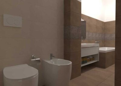 Render 3d della ristrutturazione bagno con vasca da bagno in muratura