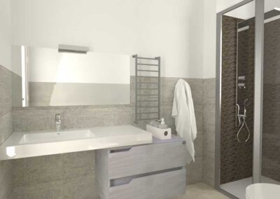 Render 3d della ristrutturazione bagno con box doccia in muratura e termoarredi