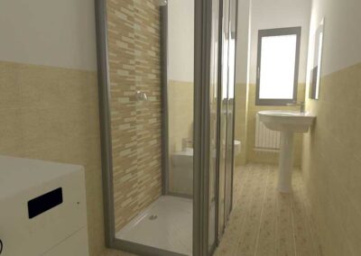 Render 3d della ristrutturazione bagno con box doccia e lavanderia