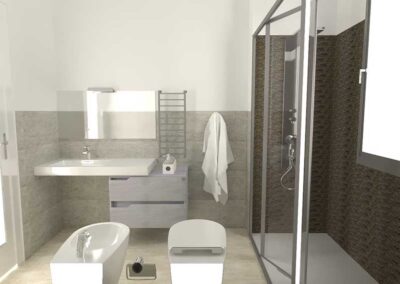 Render 3d della ristrutturazione bagno con box doccia in muratura e termoarredi